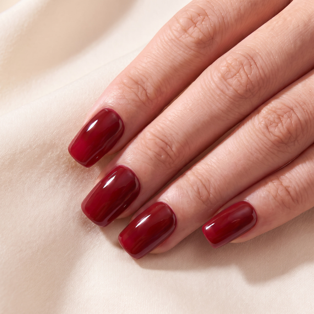 Close-up of cherry-red La Pose gel nails on ivory linen.