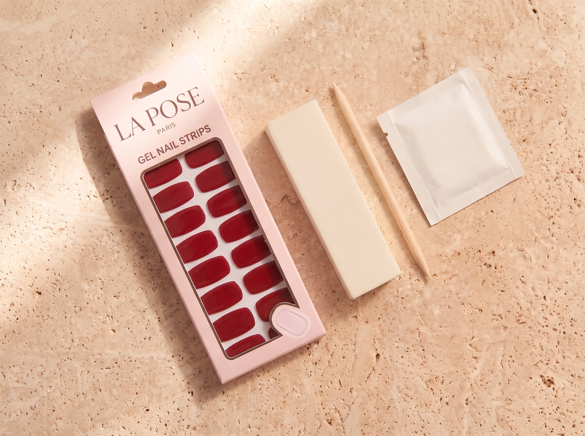 Étui La Pose, lime blanche, bâtonnet en bois et sachet de préparation.