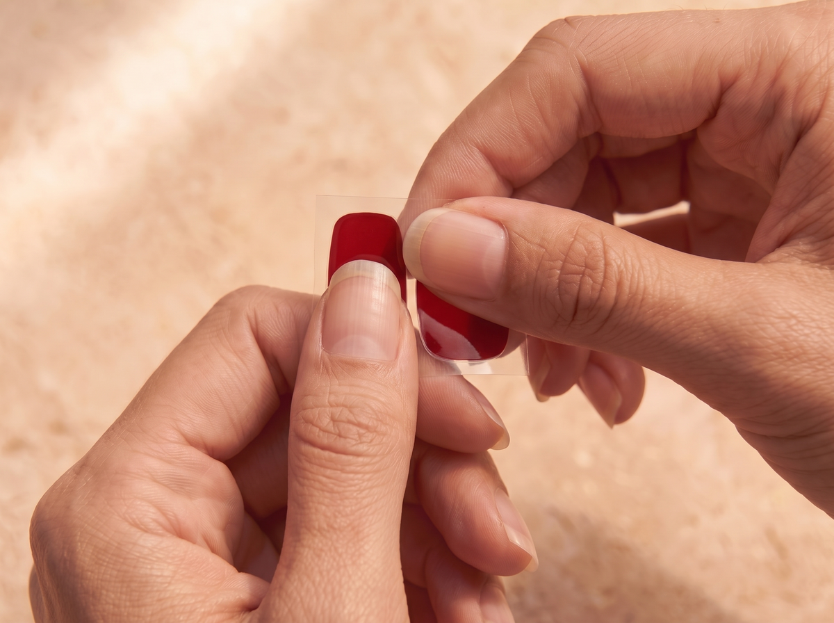Choix d’une bande rouge adaptée à la largeur d’un ongle naturel.